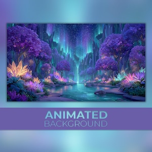 Op de afbeelding: Een geanimeerde achtergrondafbeelding met een fantasielandschap met een rivier, paarse bomen en gloeiende planten. De lucht toont een levendige aurora borealis. De tekst "ANIMATED BACKGROUND" staat onderaan.