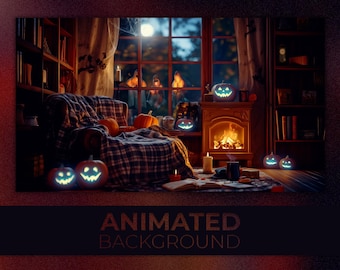 Animated Background, Cozy Halloween Night, Pumpkin Glow, Fireplace Room, Spooky Cozy Evening, Twitch Stream Zoom Vtuber Background