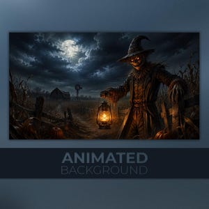 May include: A digital illustration of a scarecrow wearing a pointed hat and tattered clothing, standing in a cornfield at night. The figure holds a glowing lantern, illuminating the dark scene with a full moon and a barn in the background.