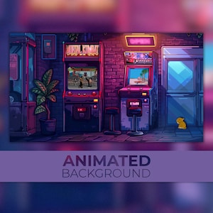 May include: A retro arcade scene with two arcade cabinets, one with the game "Mortal Kombat" and the other with "Out Run". The cabinets are lit up with neon lights and there is a brick wall behind them. There is a potted plant in the foreground and a small yellow cat in the background.