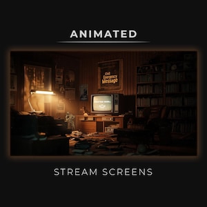 Peut inclure: Écran de flux animé représentant une pièce faiblement éclairée avec une télévision vintage affichant "Starting Soon". La pièce comprend une bibliothèque, un bureau et une affiche "Civil Emergency Message". Les textes "ANIMATED" et "STREAM SCREENS" sont affichés.