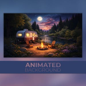 Fundo animado, fogueira em parque de trailers, noite tranquila de acampamento, ambiente calmo de rio, brilho do luar, fundo para transmissão ao vivo na Twitch com zoom para VTuber.