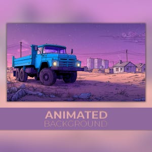 Può includere: Uno sfondo animato con un camion blu su una strada sterrata sotto un cielo viola e rosa. Il camion ha pneumatici grandi ed è parcheggiato vicino a una piccola città con edifici e linee elettriche. Il testo "ANIMATED BACKGROUND" è in basso.