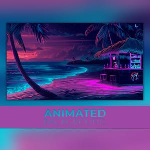 Animated Background, Neon Beach Bar, Tropical Night, Cyber Sunset, Synth Vibes, Ocean Dreams, Twitch Stream Zoom Vtuber Background
