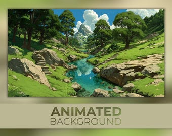 Animated Background, Peaceful Anime Forest, River and Green Hills, Relaxing Nature, Twitch Stream Zoom Vtuber Background