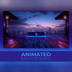 以下が含まれることがあります： 夕暮れ時の屋上シーンを特徴とするアニメーション背景画像。星空の下の都市景観、バー、ネオンブルーの照明が映し出されています。「ANIMATED BACKGROUND」の文字が下部に表示されています。