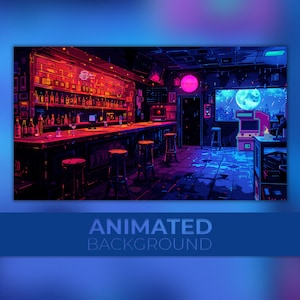 Fondo animado, barra de píxeles cyberpunk, discoteca retro, máquina recreativa, luna de neón, cóctel de 8 bits, fondo de Twitch Stream Zoom Vtuber