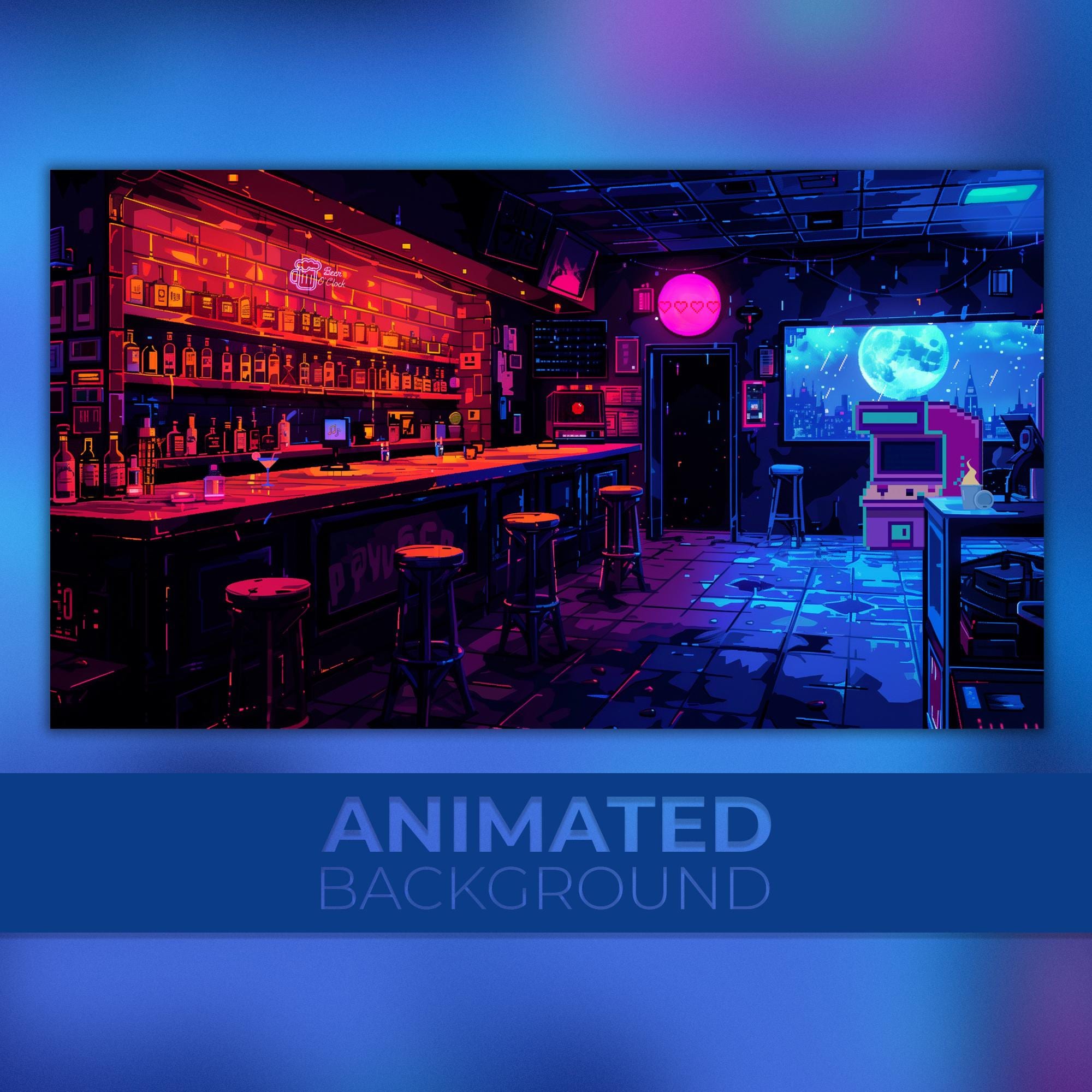 Animated Background, Cyberpunk Pixel Bar, Retro Nightclub, Arcade Machine, Neon Moon, 8-Bit Cocktail, Twitch Stream Zoom Vtuber Background