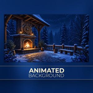 May include: An animated background featuring a stone fireplace with a burning fire on a snow-covered patio at night. A wooden wheel and two axes are mounted above the hearth. The scene includes a wooden railing, benches, and pine trees under a dark sky.