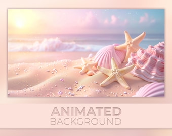 Animated Background, Pink Beach, Seashells and Starfish, Sunset Glow, Ocean Breeze, Relaxing Summer, Twitch Stream Zoom Vtuber Background