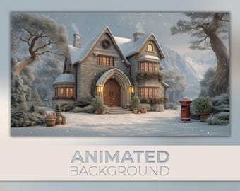 Geanimeerde achtergrond, besneeuwd stenen huisje, gezellig winterhuis, kersttafereel in de bergen, Twitch OBS VTuber-achtergrond