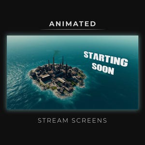 Pode incluir: Tela de transmissão animada com um fundo de oceano azul e uma pequena ilha com uma fábrica. O texto "STARTING SOON" está em branco sobre um fundo preto.