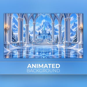 Animerad bakgrund, Isslott, Frostpalatset, Vintertronen, Kristallriket, Arktisk majestät, Twitch Stream Zoom Vtuber-bakgrund