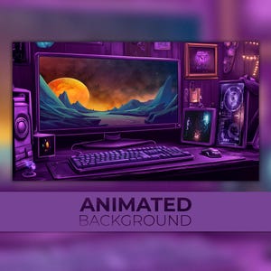 Puede incluir: Un escritorio de computadora morado y negro con una computadora de escritorio, un teclado, un ratón y altavoces. La pantalla de la computadora muestra un fondo animado de un paisaje con una gran luna naranja.