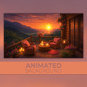 Puede incluir: Imagen de fondo animada de una puesta de sol sobre una cordillera. Una terraza de madera con dos sillones de mimbre con cojines rosas, una mesa redonda con velas y flores en macetas. El texto "ANIMATED BACKGROUND" está en la parte inferior.