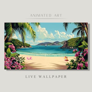 Animated Background, Paradise Island, Floral Beach, Tropical Beach, Mysterious Cove, Ocean With Palm, Twitch Stream Zoom Vtuber Background