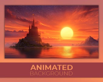 Plano de fundo animado, Castelo de pôr do sol de fantasia, Reino do Crepúsculo, Pôr do sol sobre o mar, Fortaleza Carmesim, Plano de fundo do Twitch Stream Zoom Vtuber