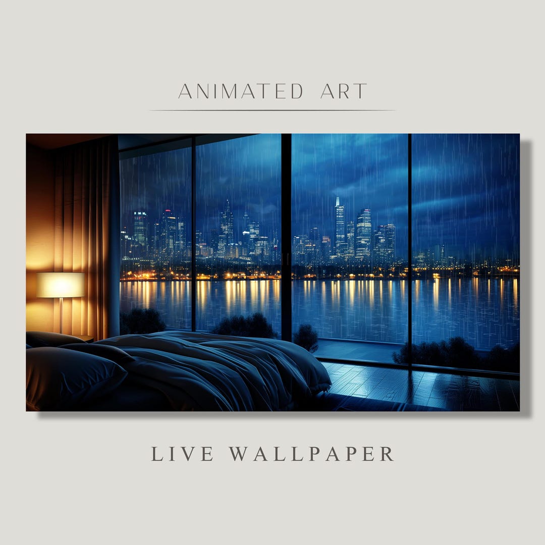 Animated Background, Luxury Bedroom Apartment, Rain Outside, Rainy