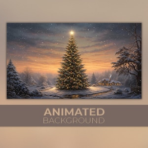 Op de afbeelding: Een digitale illustratie van een besneeuwd landschap met een grote, verlichte kerstboom bekroond met een heldere ster. De scène bevat een huis, kale bomen en een zonsonderganglucht met vallende sneeuw. De tekst luidt ANIMATED BACKGROUND.