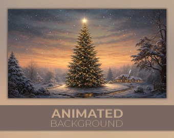 May include: A digital illustration of a snow-covered landscape featuring a large, illuminated Christmas tree topped with a bright star. The scene includes a house, bare trees, and a sunset sky with falling snow. The text reads ANIMATED BACKGROUND.