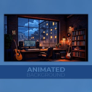 May include: An animated background image of a music studio at night. The studio features a large window overlooking a city, a desk with a computer, keyboard, and speakers, and two guitars. The walls are brick, and a bookshelf is visible.