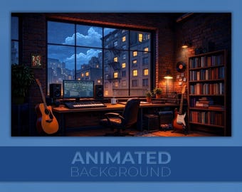 Animated Background, Cozy Music Loft, Night Producer Studio, Lo-Fi Beatmaker Room, Midnight Workspace, Twitch Stream Zoom Vtuber Background