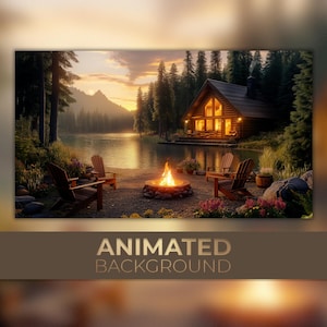 Peut inclure: Un chalet confortable avec un foyer chaleureux devant, niché dans une forêt au bord d'un lac au coucher du soleil. Le chalet a un extérieur en bois et des fenêtres avec une lumière chaude qui brille à travers. Il y a deux chaises de chaque côté du foyer.