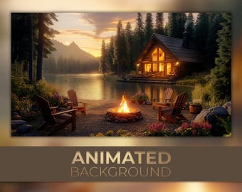 Animated Background, Lakeside Cabin, Sunset Campfire, Golden Lake, Woodland Firelight, Twitch Stream Zoom Vtuber Background