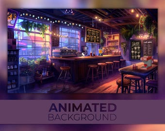 Animated Background, Coffee House, Café Night Bash, Café Celebration, Urban Lights, Twitch Stream Zoom Vtuber Background