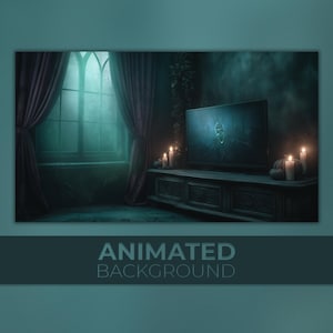 Op de afbeelding: Een digitale illustratie van een spookachtige kamer met een grote tv waarop een schedel te zien is. De kamer heeft een raam met paarse gordijnen, brandende kaarsen en de tekst "ANIMATED BACKGROUND" onderaan.