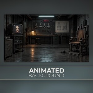 May include: A dark industrial workshop featuring a vintage television displaying a puppet face, a wooden chair with metal restraints, a workbench with various tools, a digital timer showing 00:27, and a technical drawing on the wall.