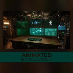 Peut inclure: Une œuvre d'art numérique représentant une salle de contrôle futuriste avec plusieurs écrans d'ordinateur affichant des données et des graphiques verts. Un clavier est posé sur un bureau en bois. Le texte "ANIMATED BACKGROUND" est en bas.