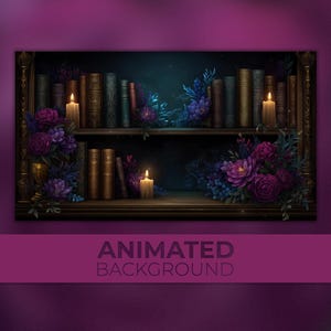 Op de afbeelding: Een geanimeerde achtergrond met een boekenplank vol boeken, kaarsen en bloemstukken. De boeken zijn in verschillende kleuren en maten. De bloemen zijn paars en blauw. De tekst "ANIMATED BACKGROUND" staat onderaan.