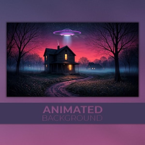 May include: An animated background image depicting a house in a rural setting, with a path and trees under a pink and purple sky. A UFO is positioned above the house, projecting a beam of light. The text "ANIMATED BACKGROUND" is at the bottom.