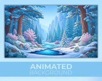 May include: A digital illustration of a winter landscape featuring a winding blue river flowing through a snow-covered forest with tall pine trees, snow-dusted branches, and soft pink bushes under a clear sky. The text reads ANIMATED BACKGROUND.