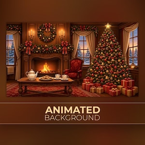 Puede incluir: Una ilustración digital de una acogedora sala de estar con una chimenea encendida, un árbol de Navidad decorado con adornos y luces, regalos envueltos, una corona, guirnaldas, una mesa de centro con una tetera y tazas, y el texto ANIMATED BACKGROUND.