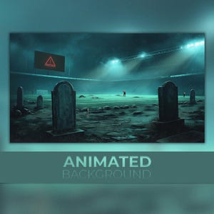 May include: A dark, green, and blue animated background of a deserted football stadium at night. The stadium is lit by floodlights and has a scoreboard with a warning sign. There are tombstones scattered across the field.