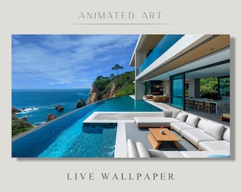 Animated Background, Rich Life, Luxury Home, Azure Blue Pool, Living Room, Elegant Fireplace, Seaview, Twitch Stream Zoom Vtuber Background