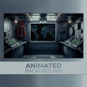 Fondo animado, Centro de mando de submarinos, Mapa de la sala de guerra, Consola de Global Strike, Sala militar, Fondo de Twitch para Zoom Vtuber