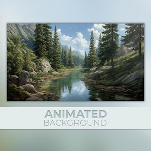Puede incluir: Imagen de fondo animada de un sereno paisaje montañoso. Un río claro fluye a través de un valle, reflejando el cielo y los árboles circundantes. El texto "ANIMATED BACKGROUND" se muestra en la parte inferior.