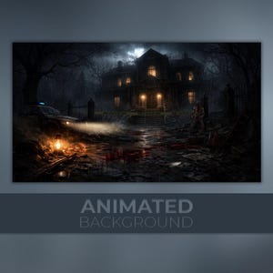 Può includere: Immagine di sfondo animata di una spettrale villa di notte. La scena include un'auto della polizia, una lanterna e una figura vicino alla casa. Il testo "ANIMATED BACKGROUND" è in basso.