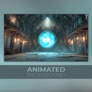 Puede incluir: Imagen de fondo animada de un interior futurista con un gran portal azul brillante. La escena está ambientada en una estructura oscura y envejecida con balcones de madera y suelos de piedra. El texto "ANIMATED BACKGROUND" se muestra en la parte inferior.