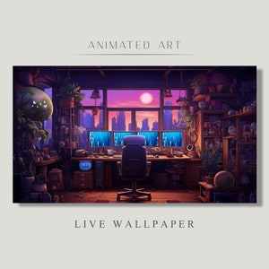 May include: A digital art illustration of a cluttered home office with a sunset view from the window. The office has a desk with three computer monitors displaying code, a black office chair, and a bookshelf filled with books and plants.