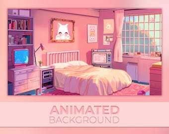 Animierter Hintergrund, niedliches gemütliches rosa Zimmer, Kawaii-Mädchen-Schlafzimmer, Retro Anime-Stil, Cutie Cat Retreat, Twitch-Stream-Zoom-Vtuber-Hintergrund