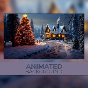 May include: A snowy winter scene with a cozy cabin and a decorated Christmas tree. The cabin has a lit window and a chimney with smoke coming out of it. The tree is decorated with red and gold ornaments and lights. The path leading to the cabin is covered in snow.