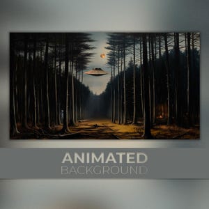 May include: A dark, mysterious forest scene with a flying saucer hovering above a dirt road. The trees are tall and slender, and the sky is a deep blue. There is a faint glow in the distance, possibly from a fire.