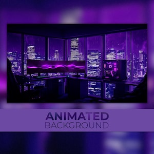 May include: A purple-themed computer setup with multiple monitors displaying a wave pattern, set against a cityscape backdrop. The text "ANIMATED BACKGROUND" is displayed at the bottom of the image. The room is illuminated with purple lighting.