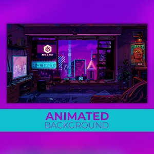 Animated Background, Cyberpunk Pixel Room, Neon City View, Retro Gaming Setup, Futuristic City Night, Twitch Stream Zoom Vtuber Background