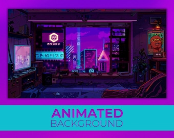 Animated Background, Cyberpunk Pixel Room, Neon City View, Retro Gaming Setup, Futuristic City Night, Twitch Stream Zoom Vtuber Background