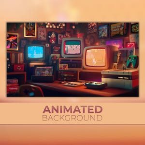 アニメーション背景、カートリッジルーム、コンソールマニア、ピクセルベースメント、レトロゲーム、レベルアップラウンジ、TwitchストリームZoom Vtuber背景